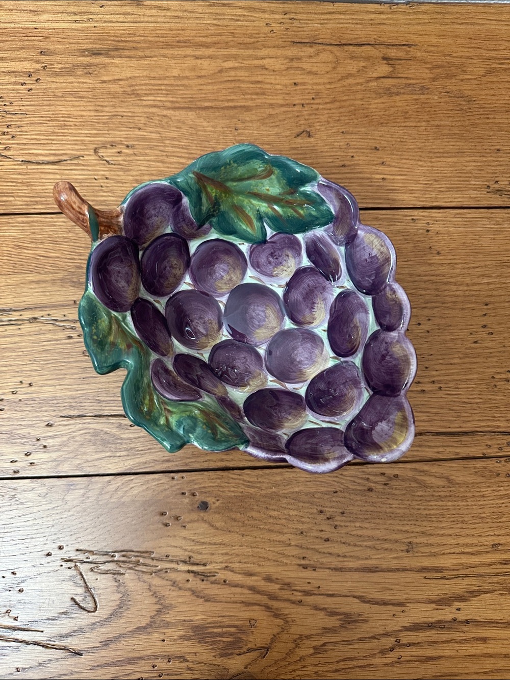 Hand-Painted Grape Leaf Ceramic Bowl - Purple and Green
